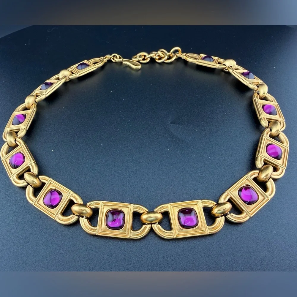 Monet for YSL 1980s Amethyst Glass Cabochon Link Necklace and earrings 68g - Picture 14 of 14